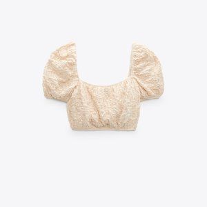 Zara Womens Textured Short Sleeve Crop Top Cream Size S